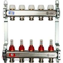 Коллекторная группа 1"х3/4" 5 вых с расходомерами и регулировочными вентилями, нерж.сталь STOUT