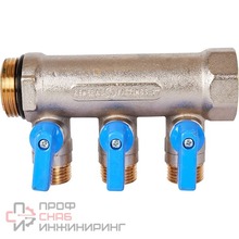 Коллектор Stout с шаровыми кранами 1", 3 отвода 1/2" (синие ручки)