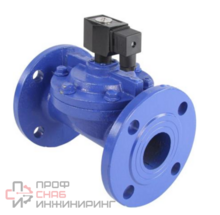 Клапан электромагнитный DN.ru VS610-VF-NC-24VDC Ду40 Ру10, соленоидный двухходовой, корпус - чугун, уплотнение - Viton, фланцевый, нормально-закрытый, пилотный, катушка - 24В