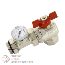 Кран угловой Uni-Fitt НВ 1" с разъёмным соед. и термометром для кол. групп, полнопроходной, бабочка