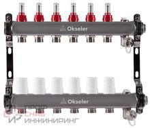 Блоки коллекторные Okseler с расходомерами, дренажным краном и краном Маевского 6 выходов, 1 x 3/4